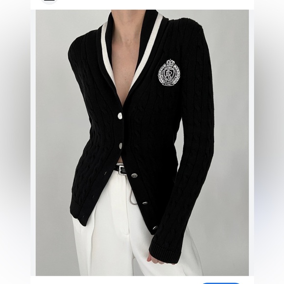 Polo Ralph Lauren Sweaters - Vintage Ralph Lauren Crest Striped Shawl Cable Knit Cardigan in Black